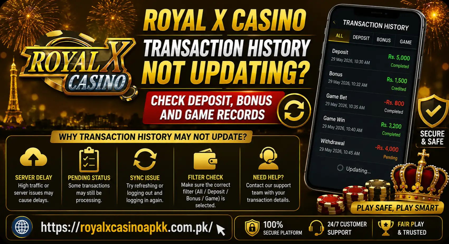 Royal X Casino Transaction History Not Updating? Check Deposit, Bonus and Game Records